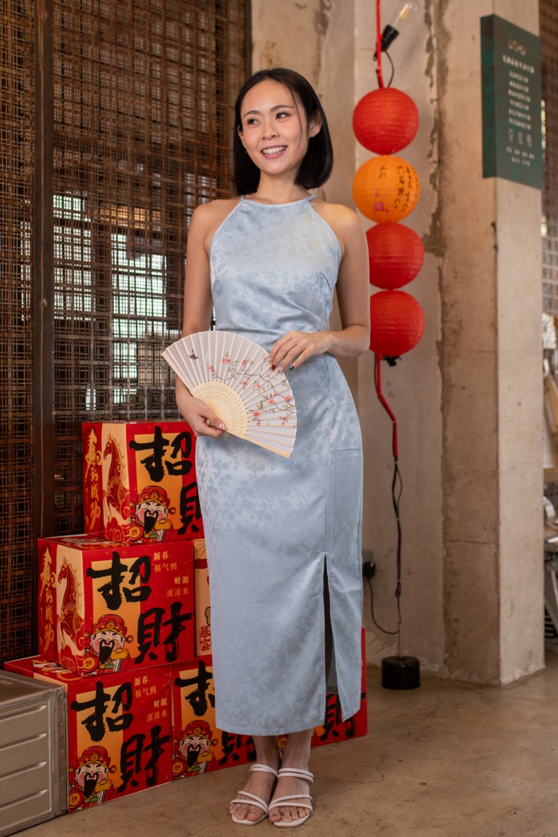 Liang Halter Ruched Maxi Dress in Blue