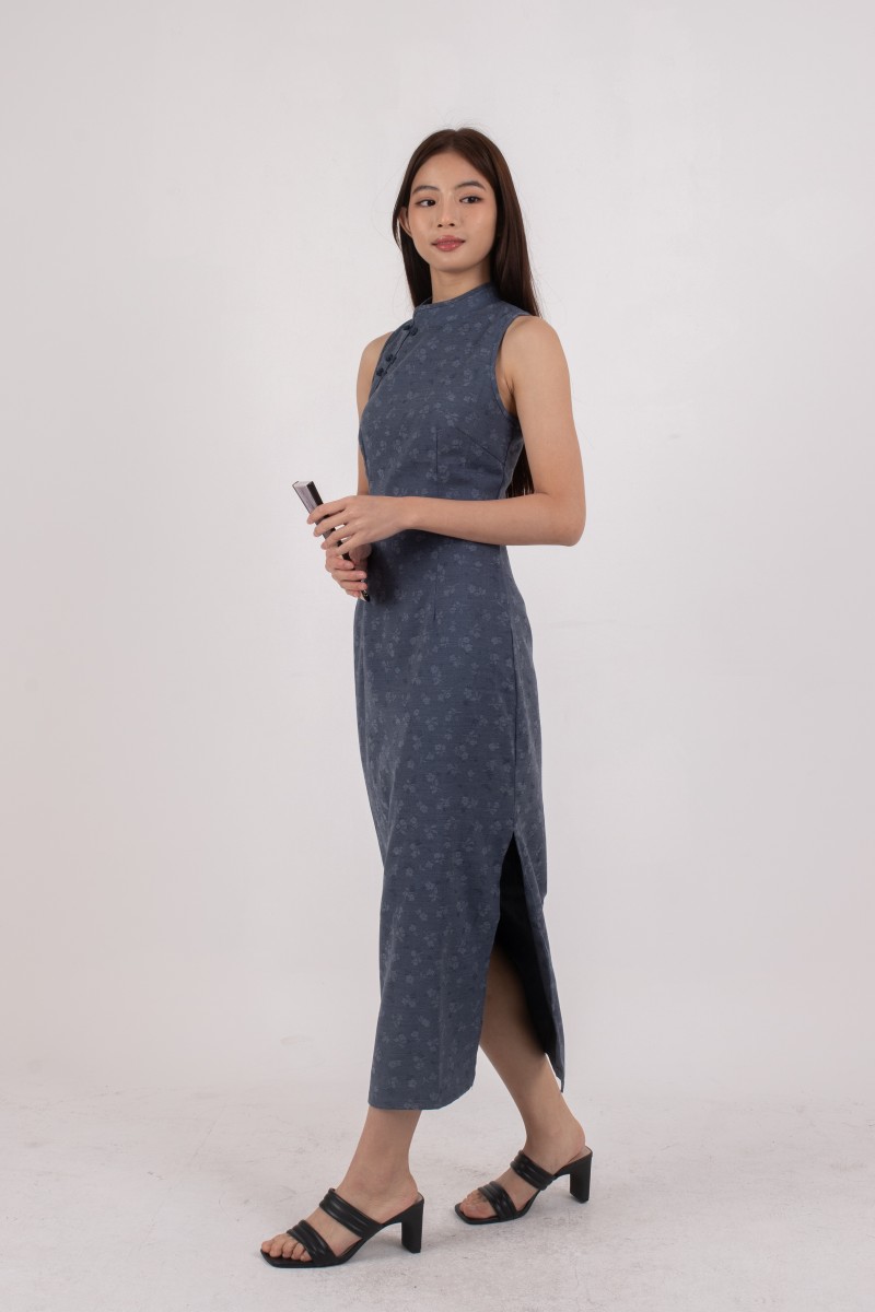 He Qi Denim Midi Dress in Dark Wash