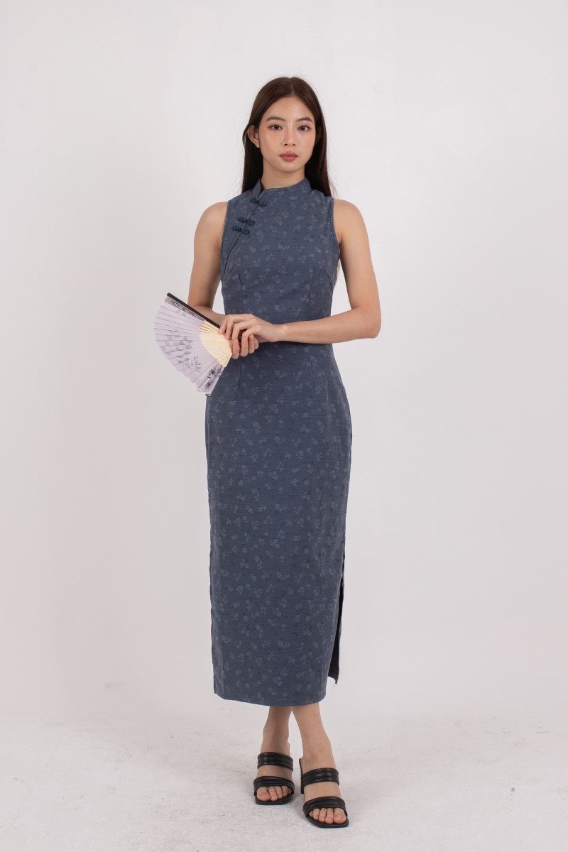 He Qi Denim Midi Dress in Dark Wash