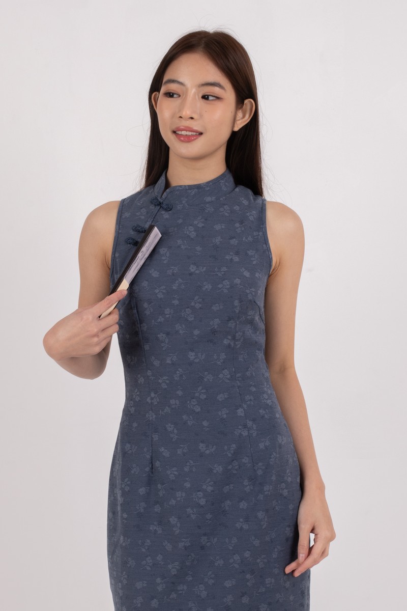 He Qi Denim Midi Dress in Dark Wash
