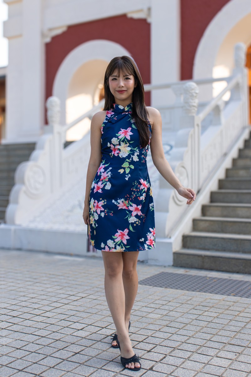 Petalia Floral Qipao Dress in Navy