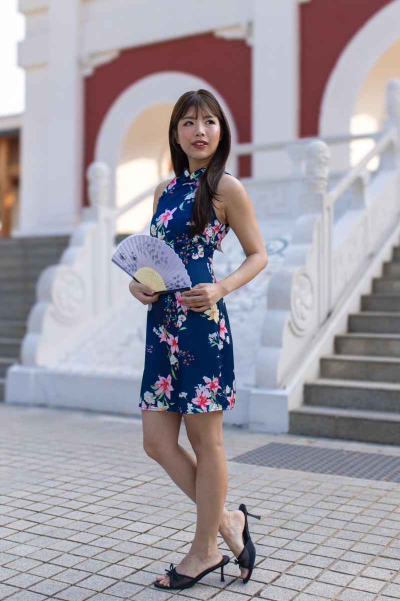 Petalia Floral Qipao Dress in Navy