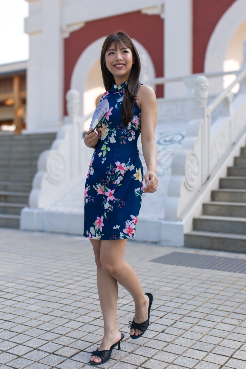 Petalia Floral Qipao Dress in Navy