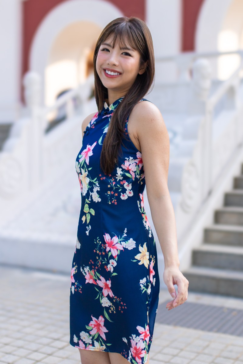 Petalia Floral Qipao Dress in Navy