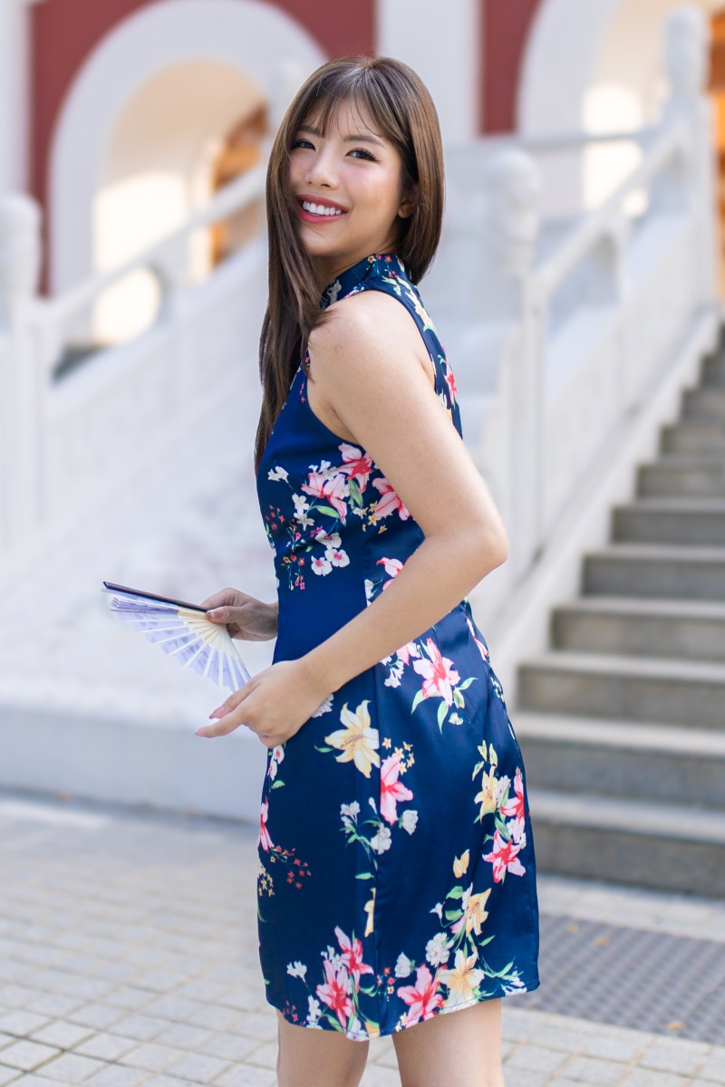 Petalia Floral Qipao Dress in Navy