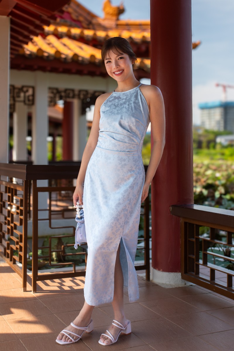 Liang Halter Ruched Maxi Dress in Blue