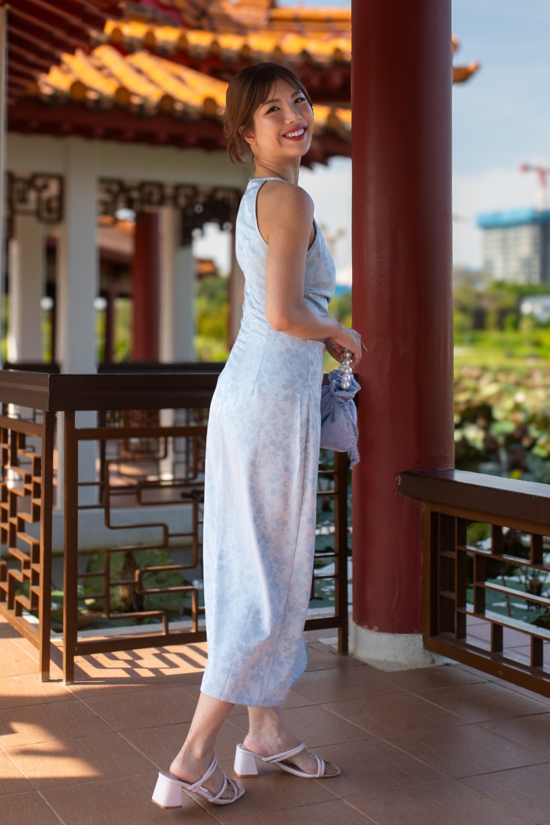 Liang Halter Ruched Maxi Dress in Blue