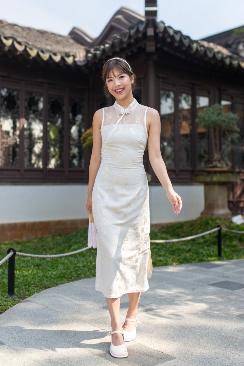 Gisele Embossed Cheongsam Dress in Cream