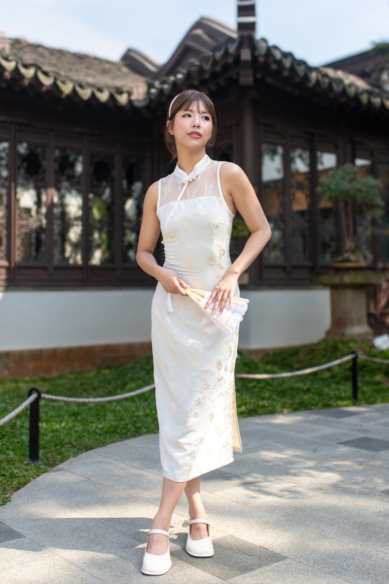 Gisele Embossed Cheongsam Dress in Cream