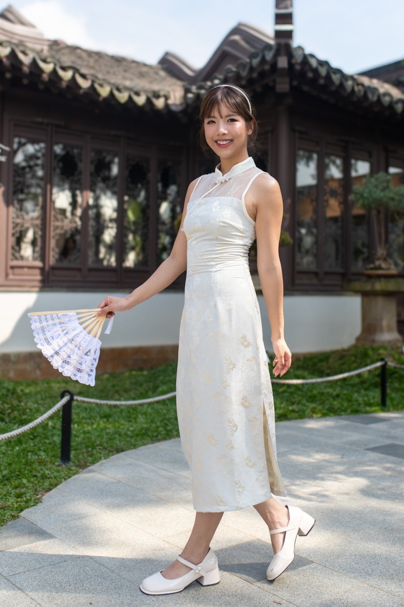 Gisele Embossed Cheongsam Dress in Cream