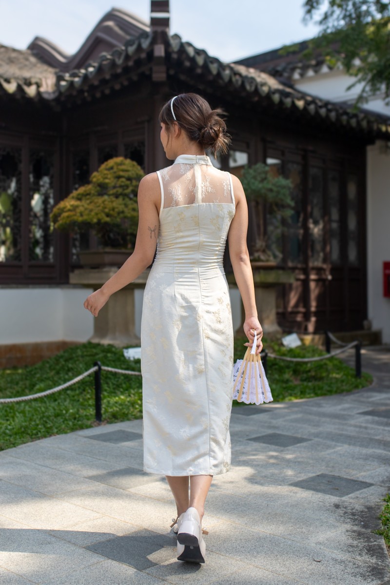 Gisele Embossed Cheongsam Dress in Cream