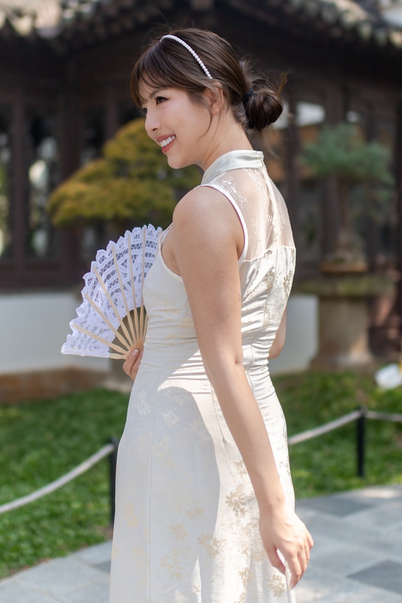 Gisele Embossed Cheongsam Dress in Cream