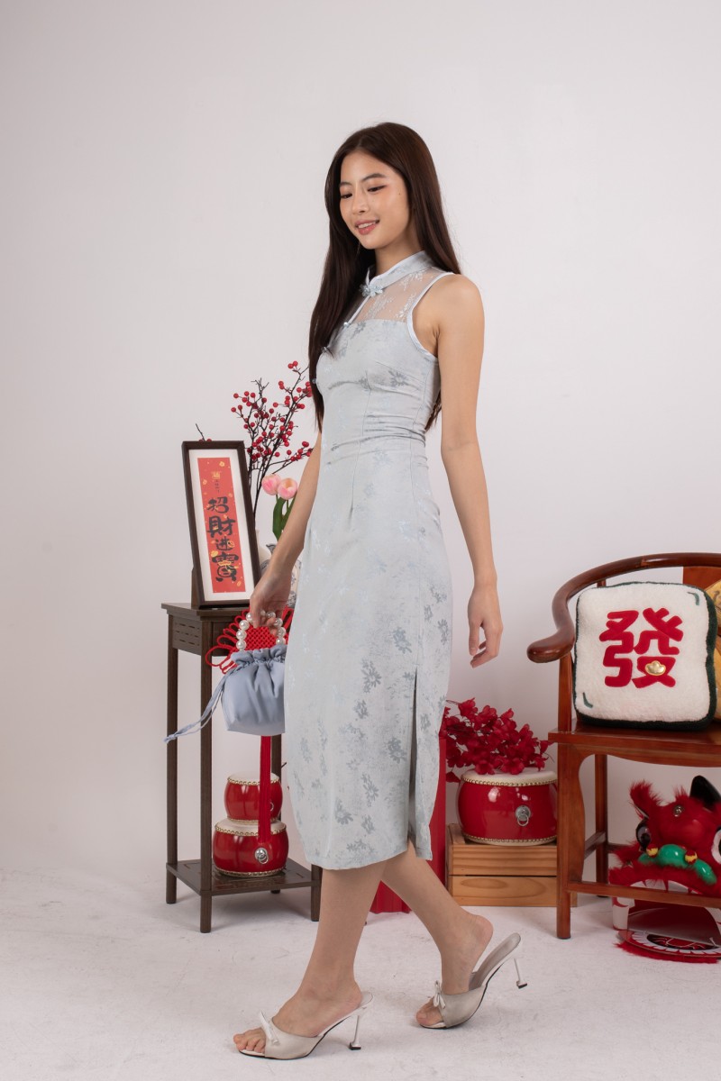Gisele Embossed Cheongsam Dress in Blue