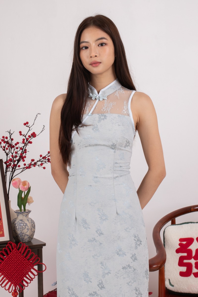 Gisele Embossed Cheongsam Dress in Blue