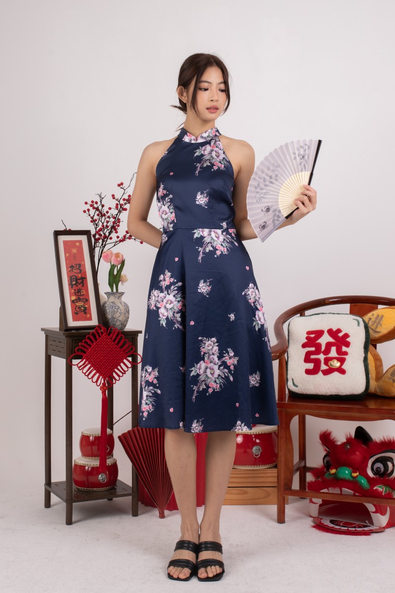 Dynasty Floral Halter Dress in Navy