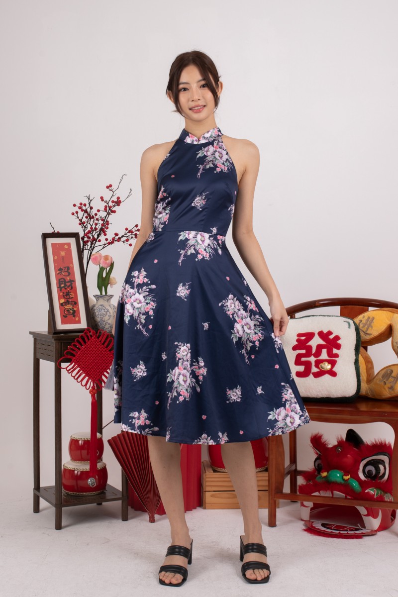 Dynasty Floral Halter Dress in Navy