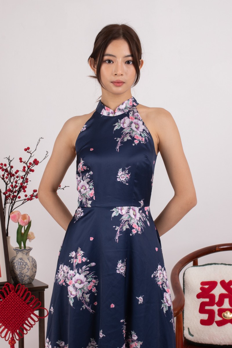 Dynasty Floral Halter Dress in Navy