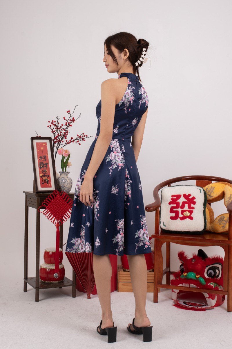 Dynasty Floral Halter Dress in Navy