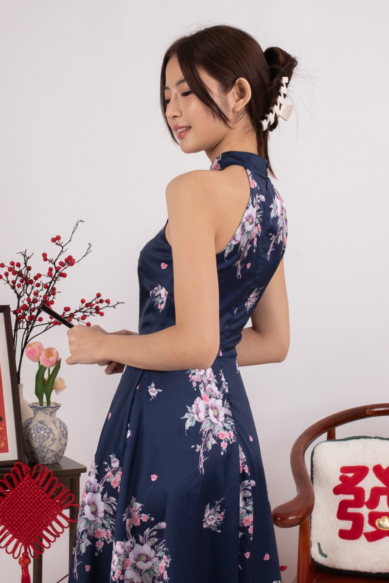 Dynasty Floral Halter Dress in Navy