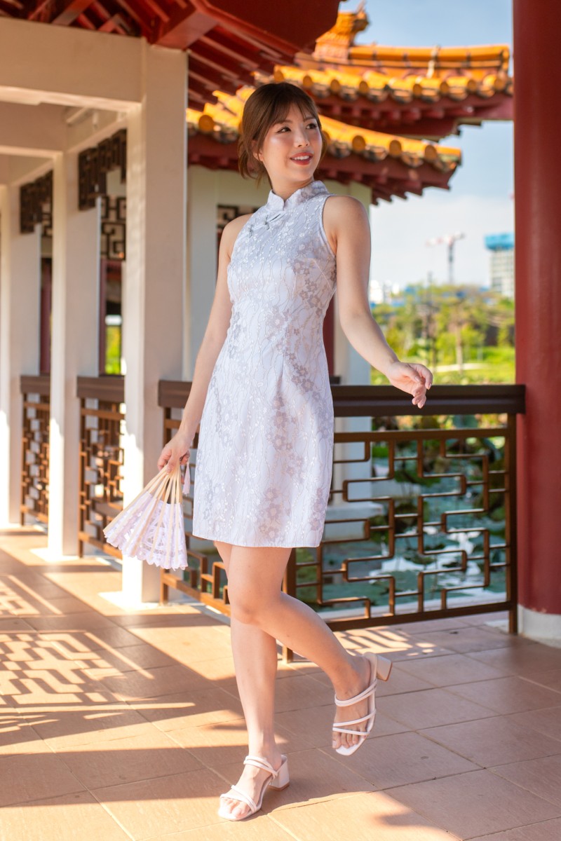 Celestial Lace Halter Dress in Blue