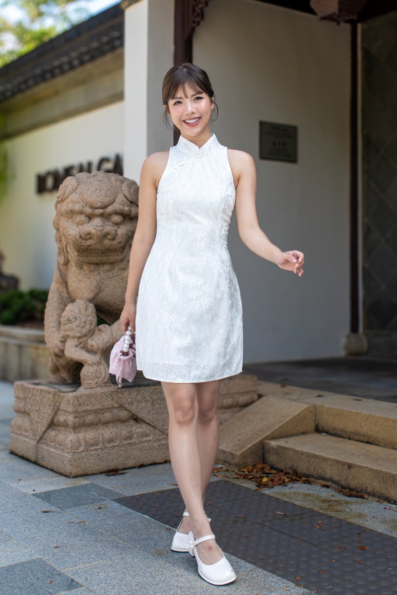 Celestial Lace Halter Dress in White
