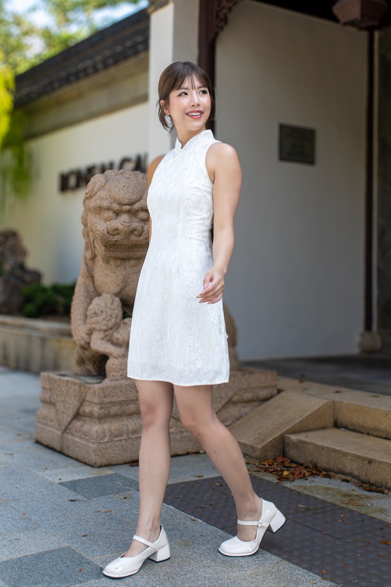 Celestial Lace Halter Dress in White