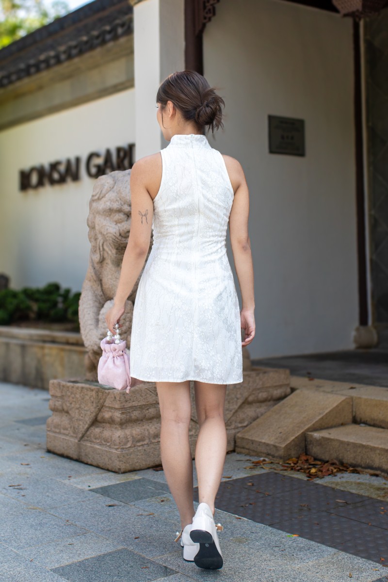 Celestial Lace Halter Dress in White