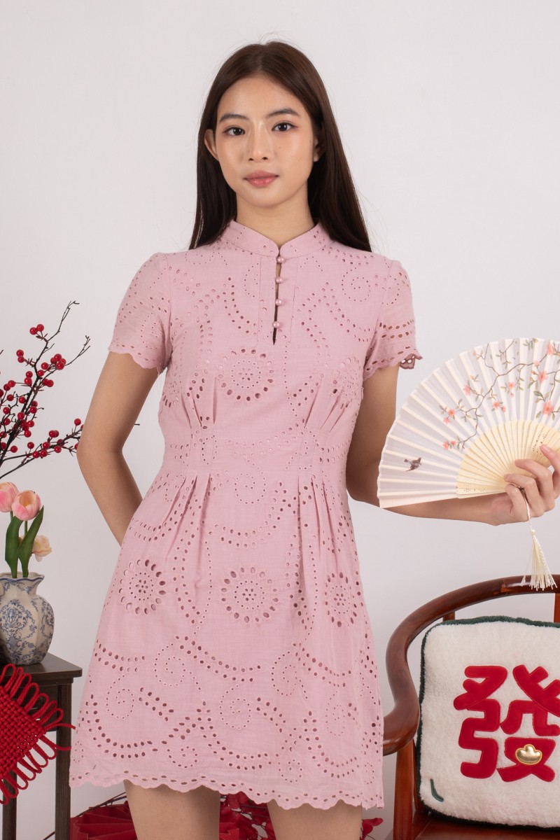 Empress Eyelet Cheongsam Dress in Pink