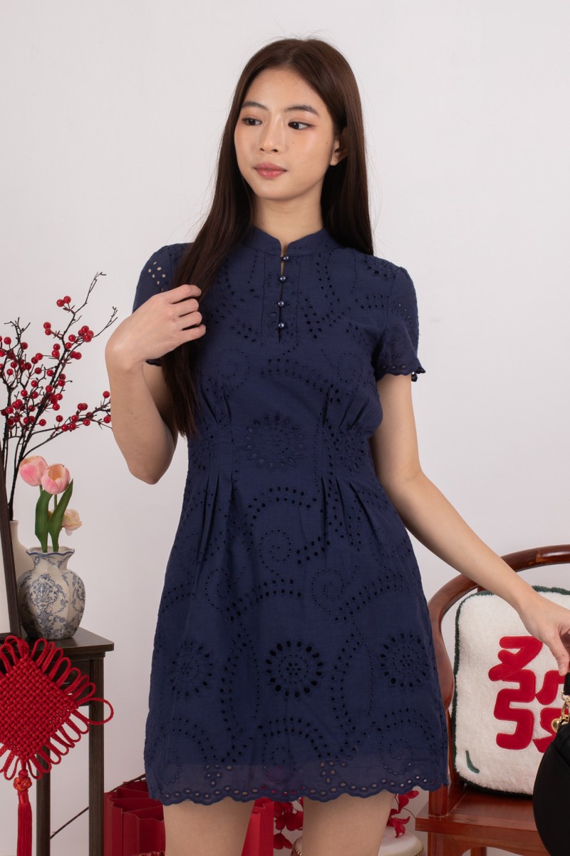 Empress Eyelet Cheongsam Dress in Navy