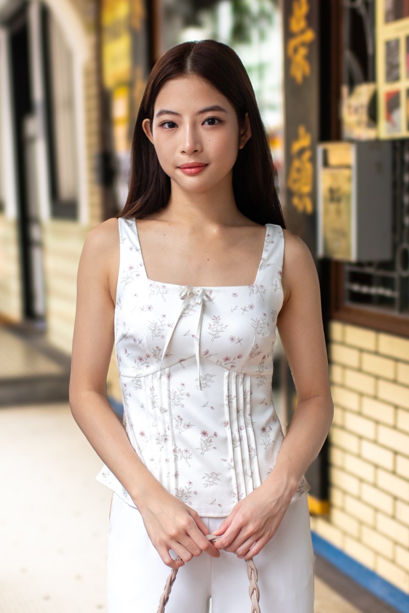 Bryony Square Neck Floral Top in Cream