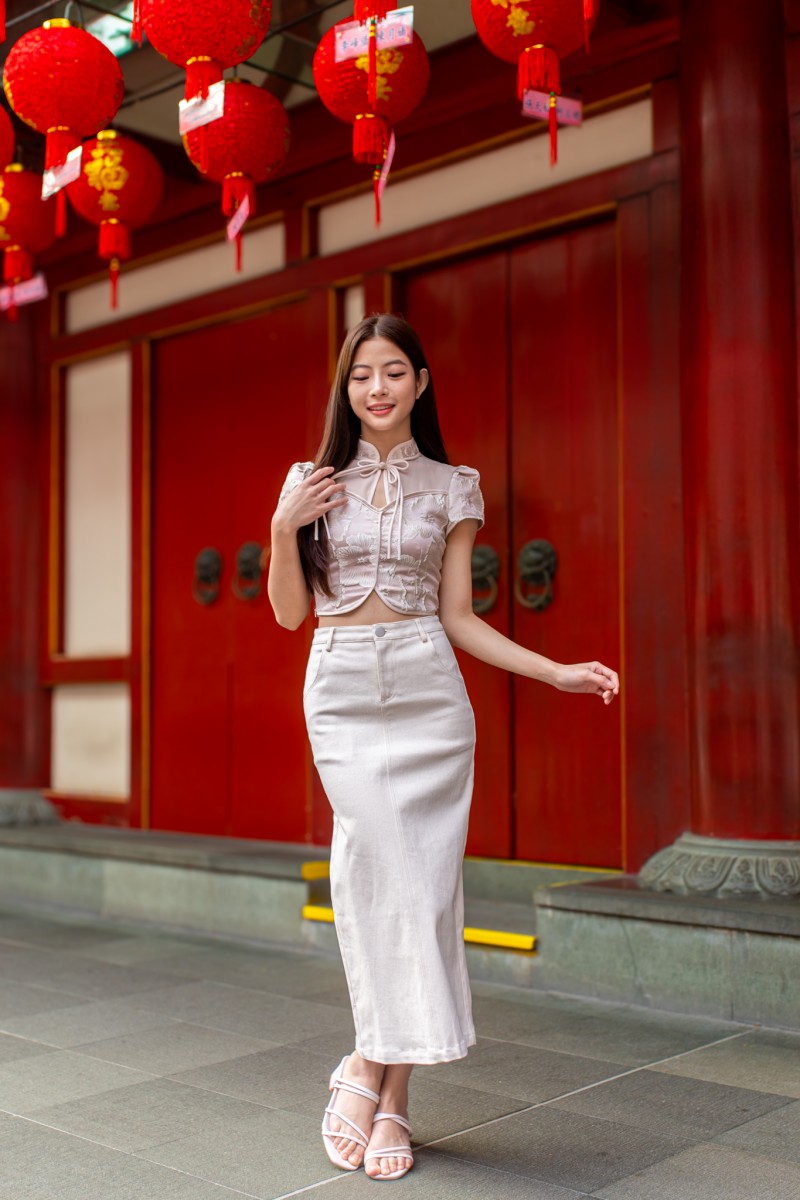 Leon Brocade Cheongsam Top in Champagne