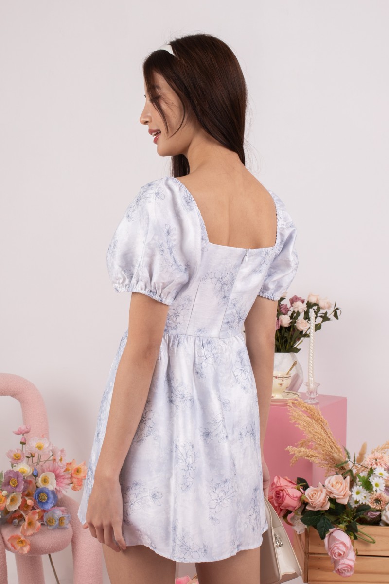 Fleuria Puff Sleeve Romper Dress in Blue