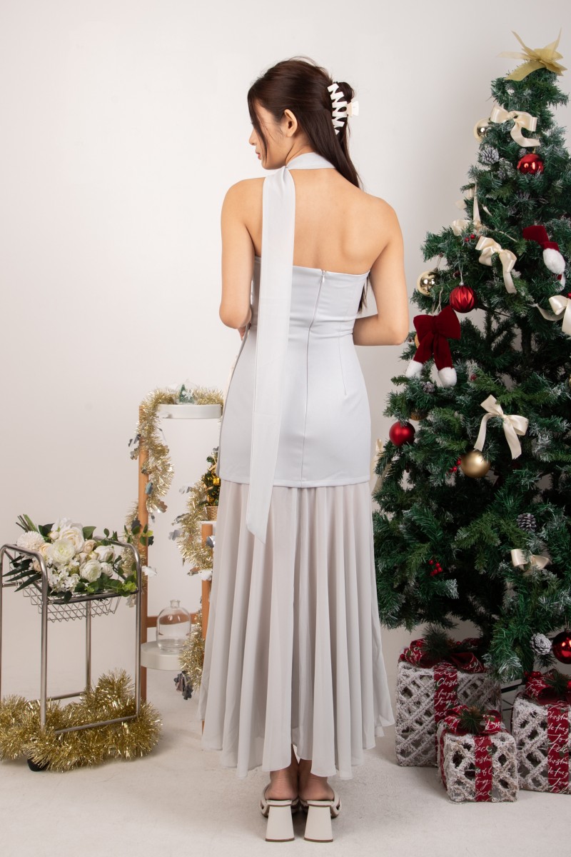 BACKORDERS: Coraline Padded Maxi Dress in Platinum