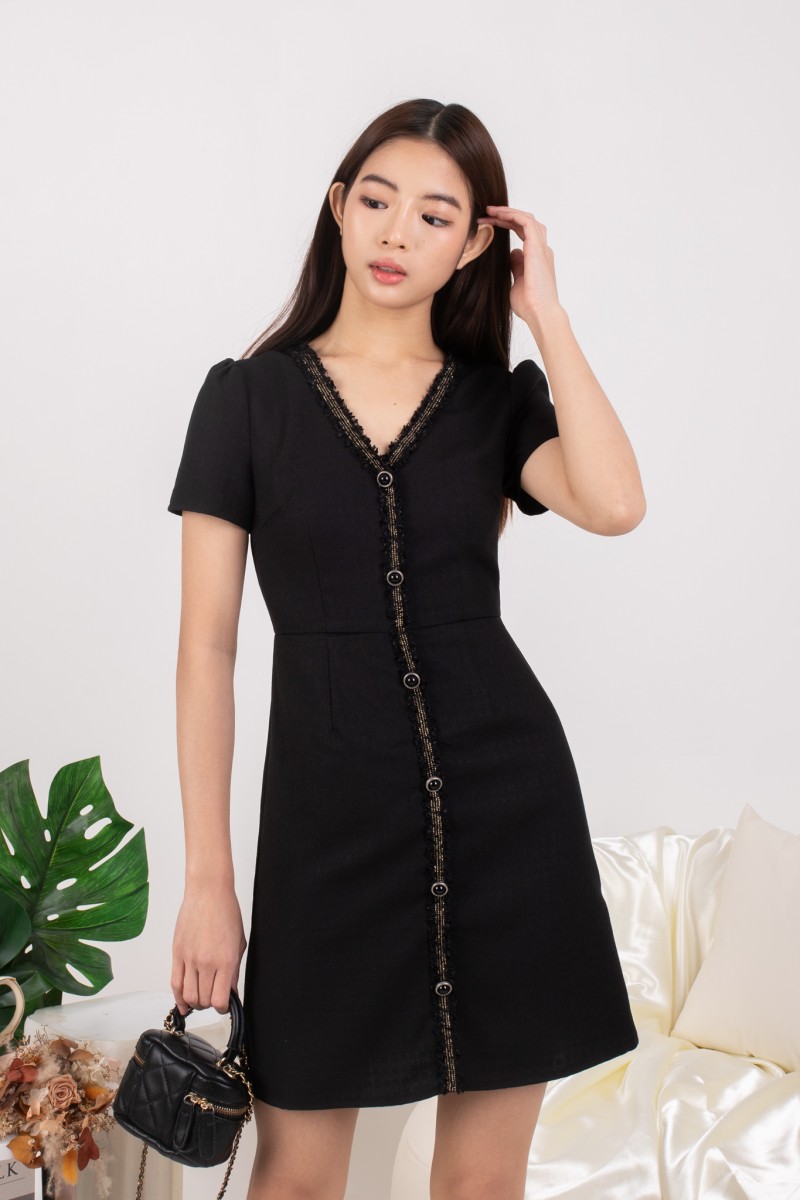 Serena Tweed Button Mini Dress in Black