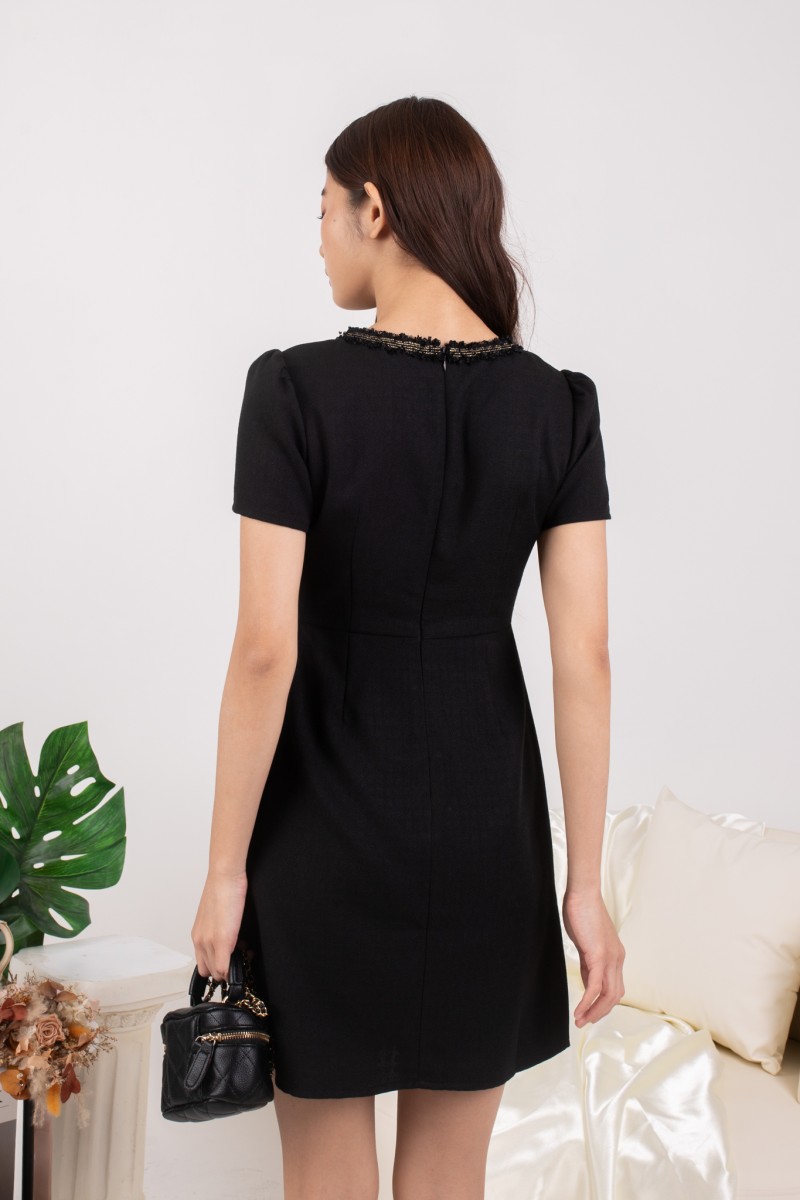 Serena Tweed Button Mini Dress in Black