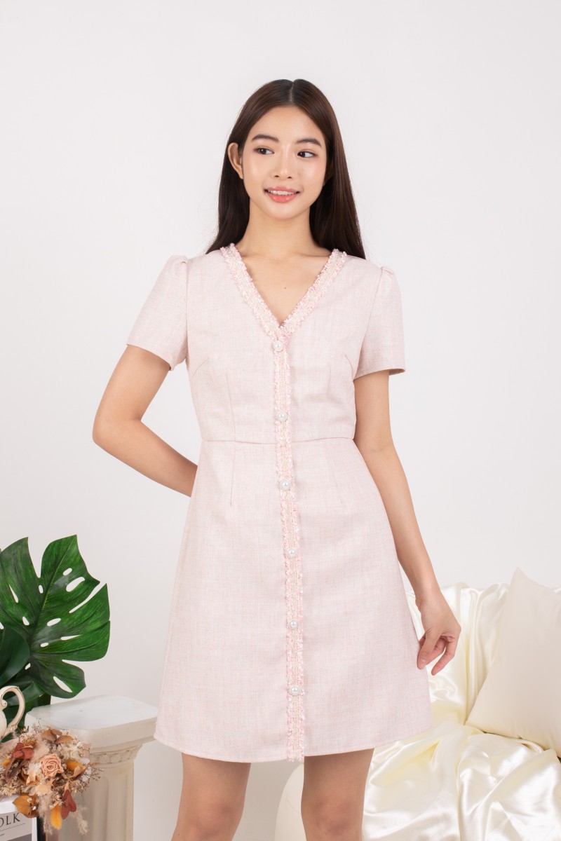 Serena Tweed Button Mini Dress in Pink