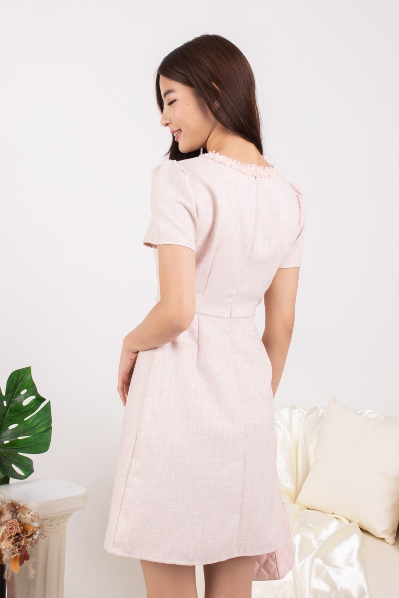 Serena Tweed Button Mini Dress in Pink