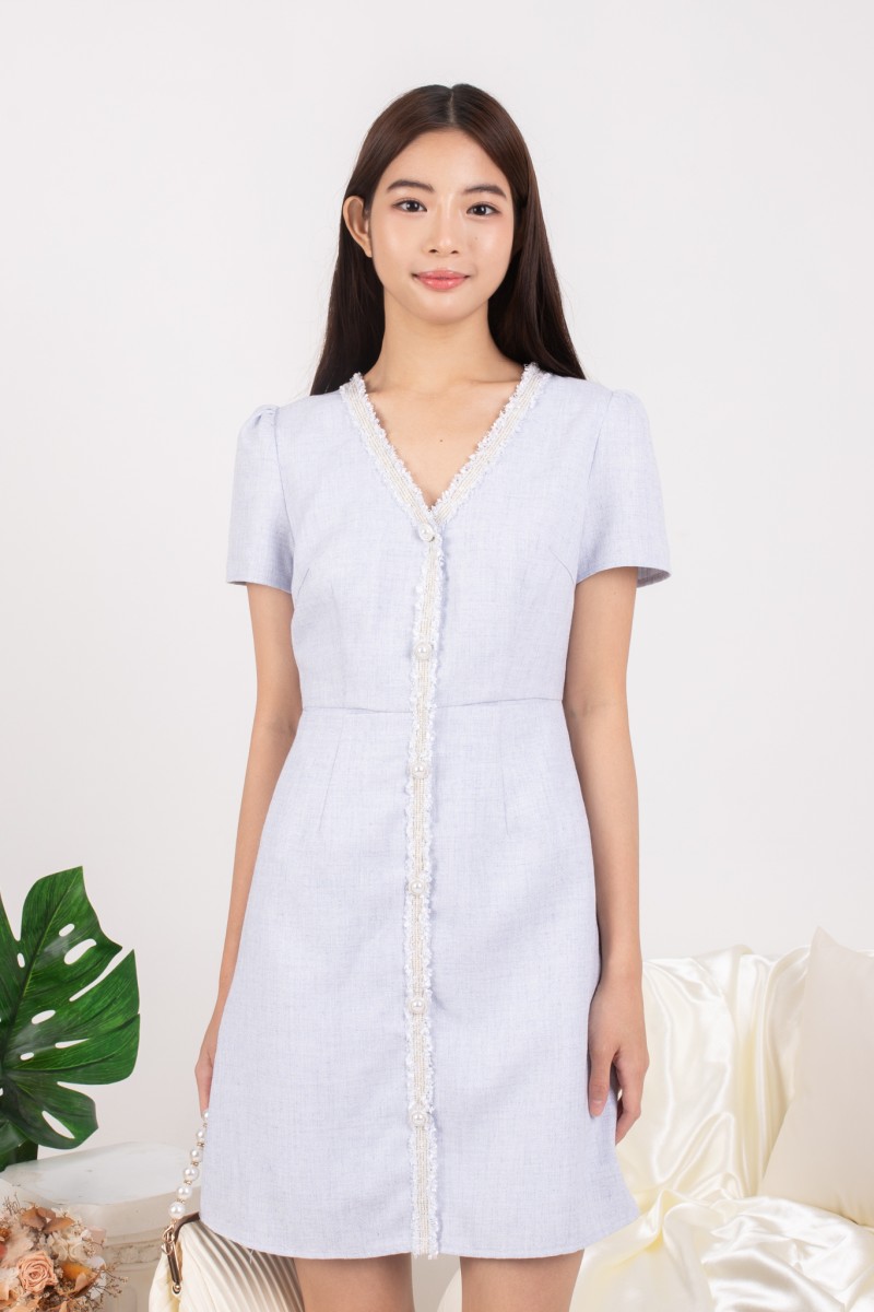 Serena Tweed Button Mini Dress in Blue