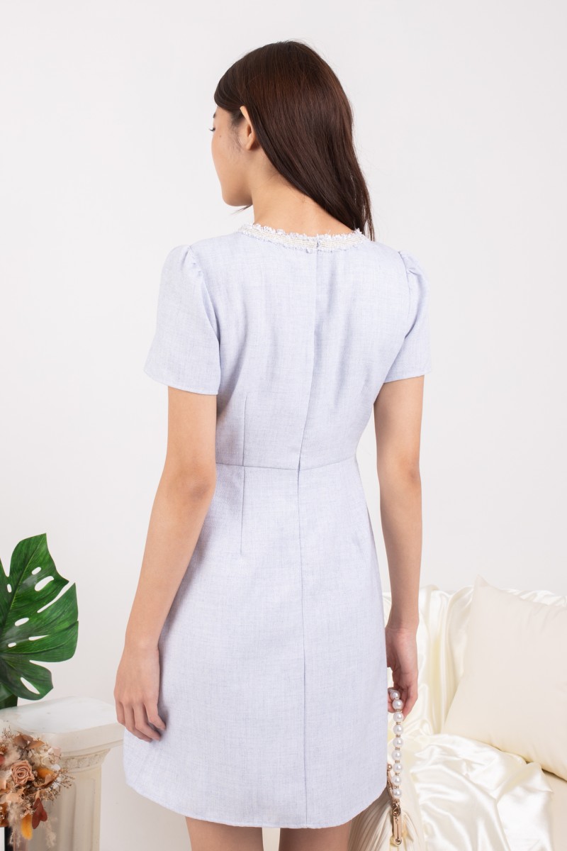Serena Tweed Button Mini Dress in Blue