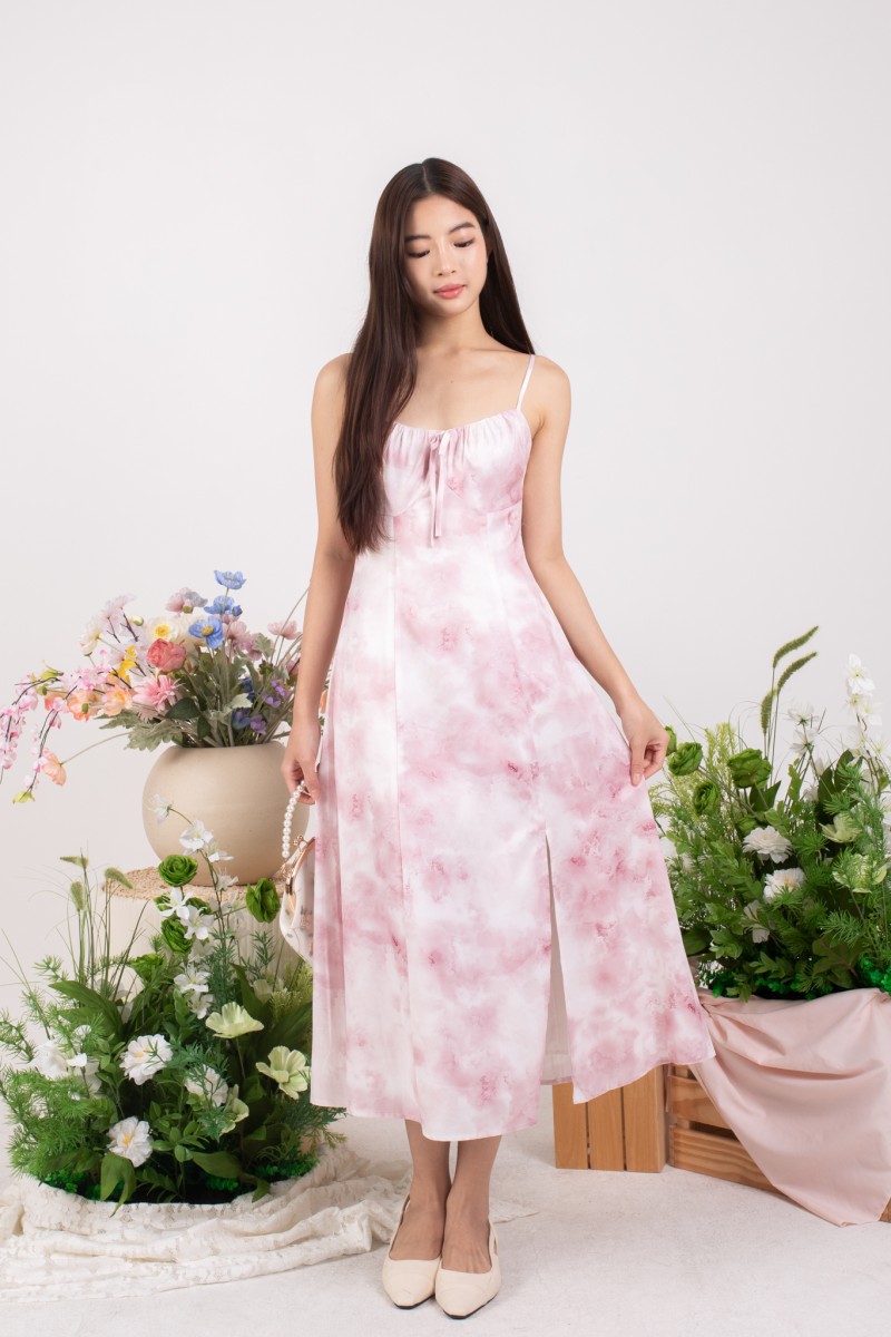 Brisa Watercolour Satin Midi Dress in Pink