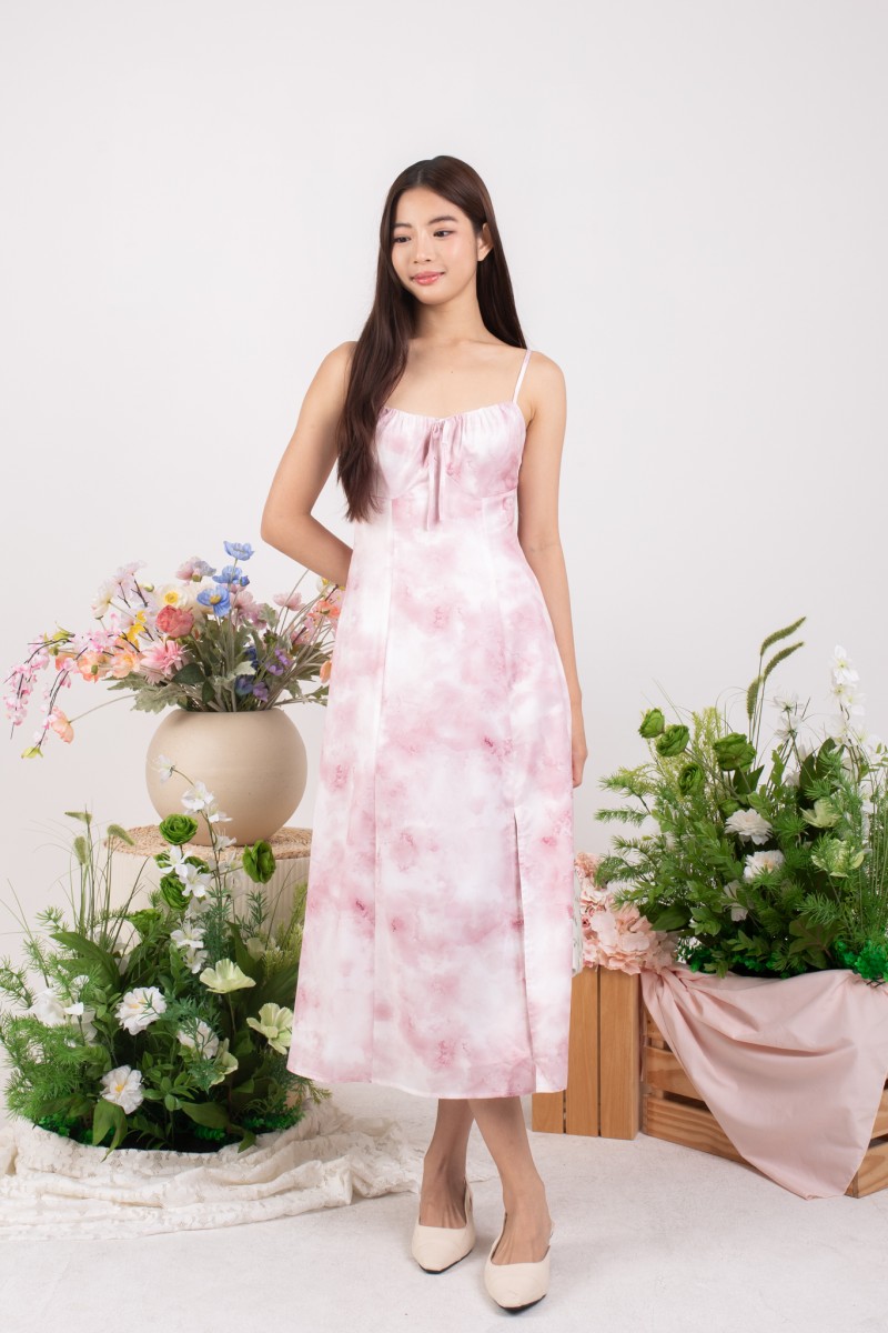 Brisa Watercolour Satin Midi Dress in Pink