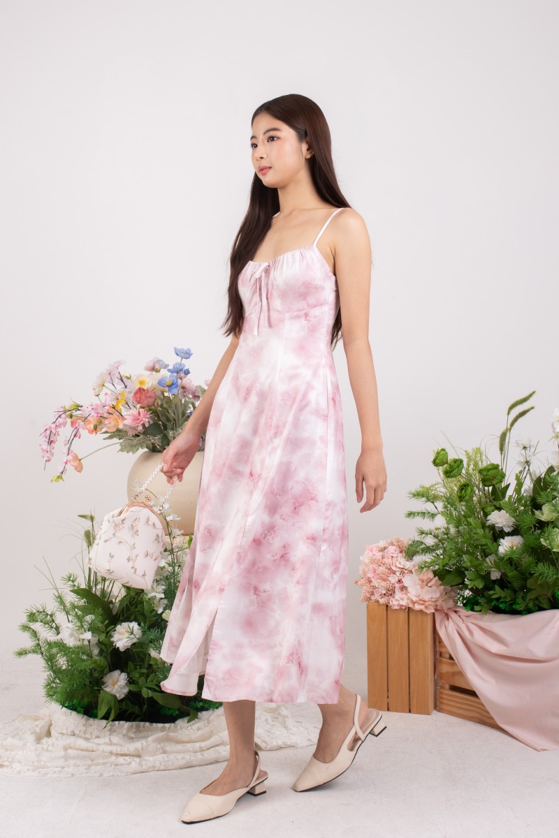Brisa Watercolour Satin Midi Dress in Pink