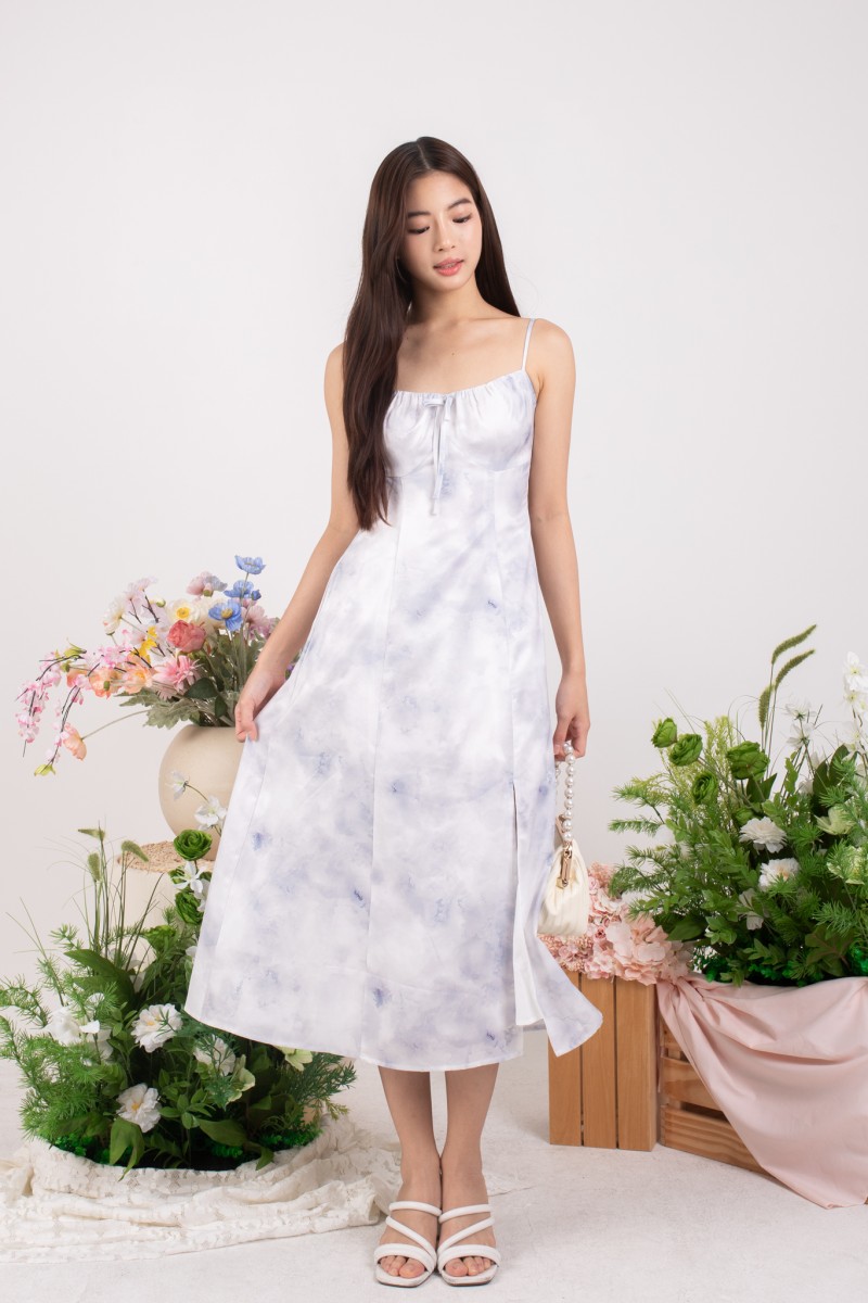Brisa Watercolour Satin Midi Dress in Lilac