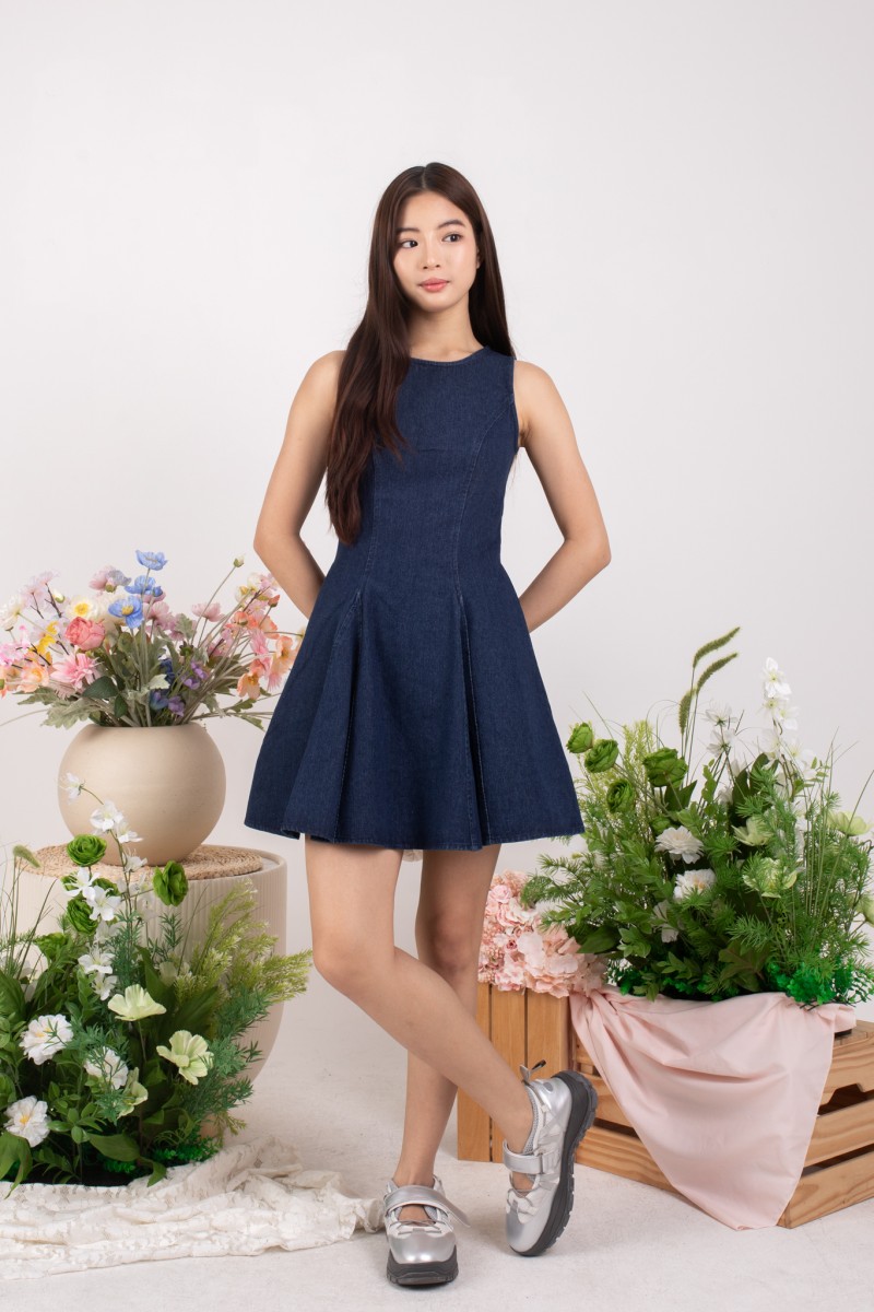 Zayla Structured Panel Denim Dress in Dark-Wash