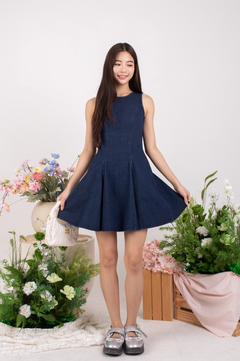 Zayla Structured Panel Denim Dress in Dark-Wash