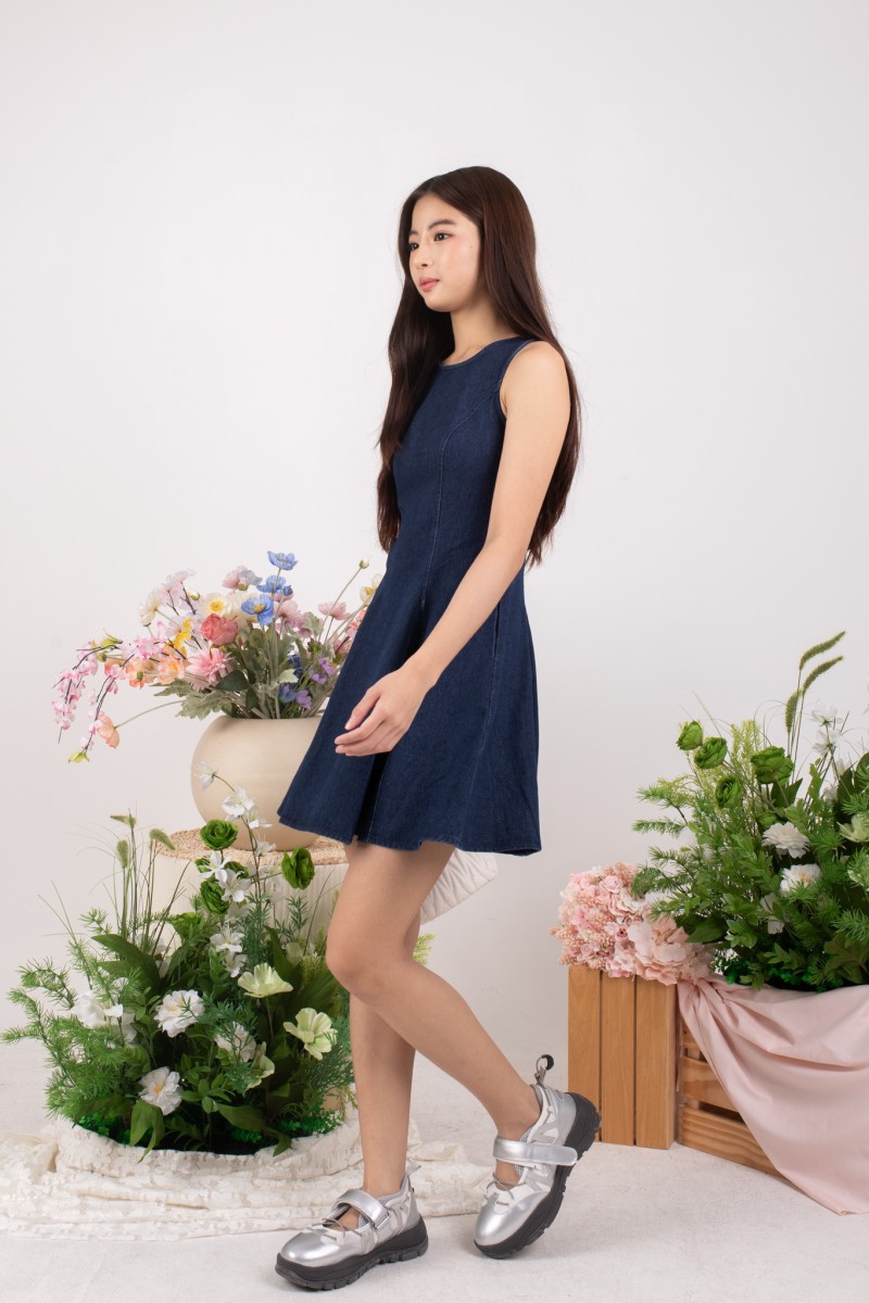 Zayla Structured Panel Denim Dress in Dark-Wash