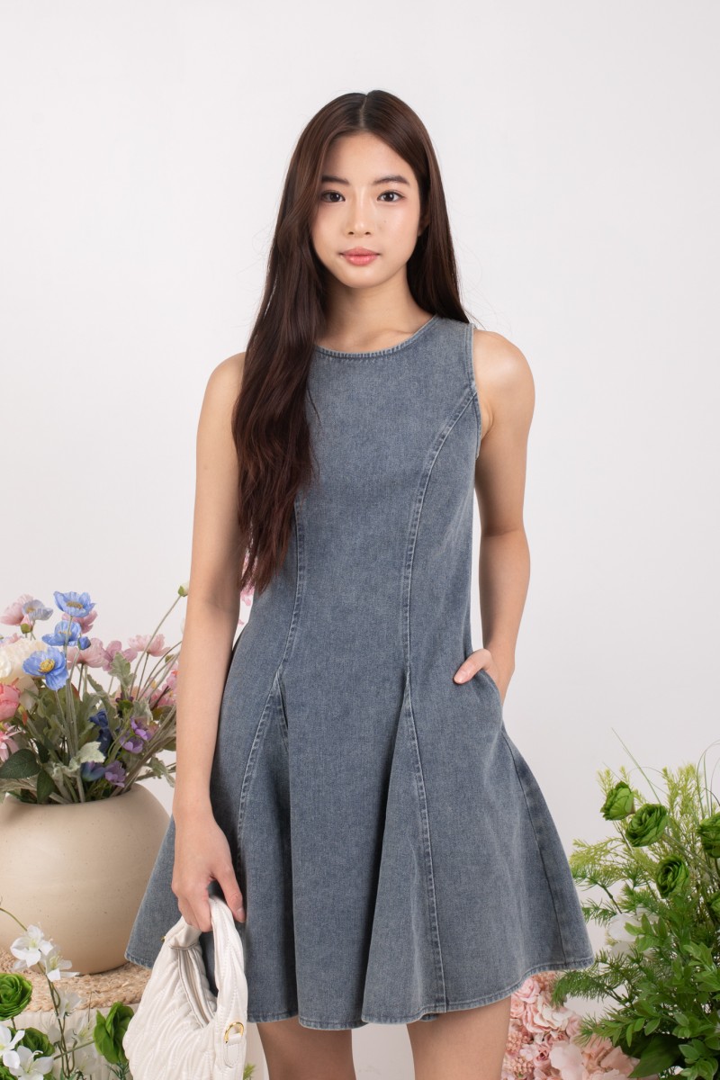 Zayla Structured Panel Denim Dress in Mid-Wash