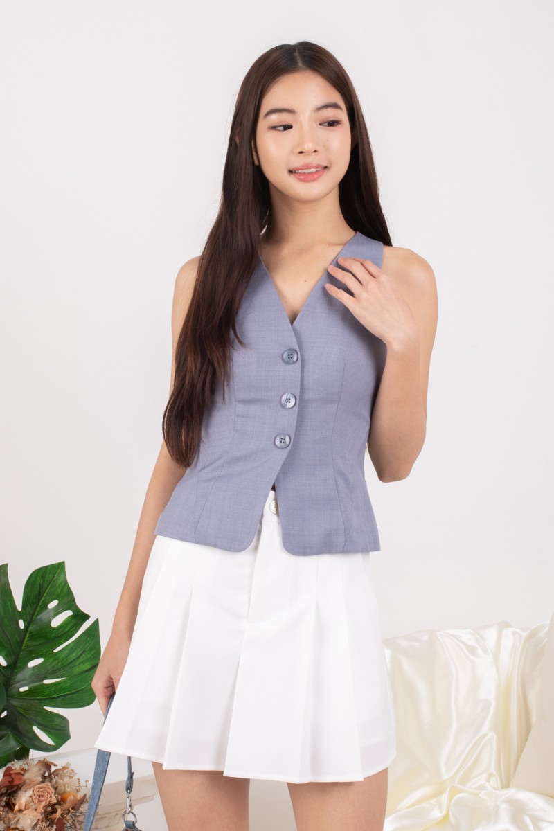 Genia Button Up Vest Top in Blue