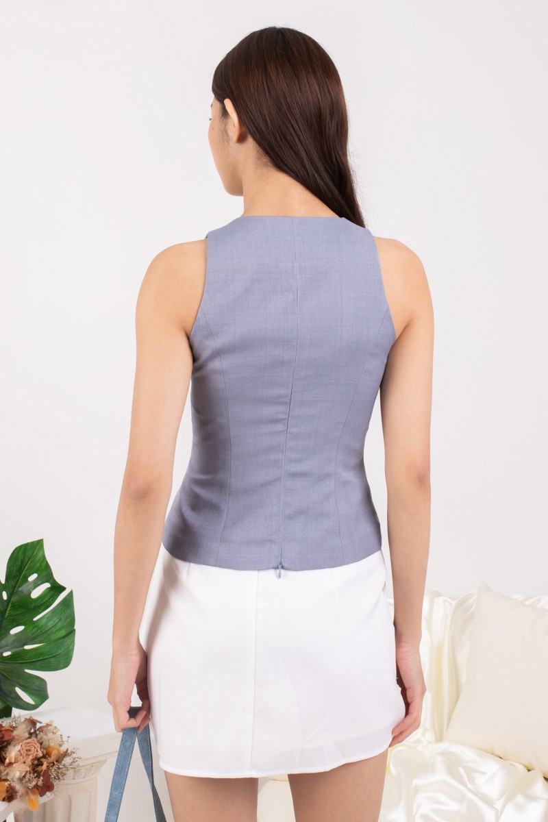 Genia Button Up Vest Top in Blue