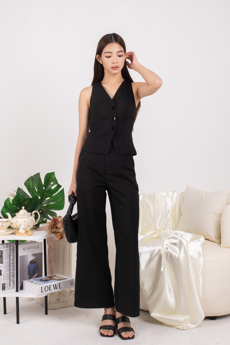 Genia Button Up Vest Top in Black